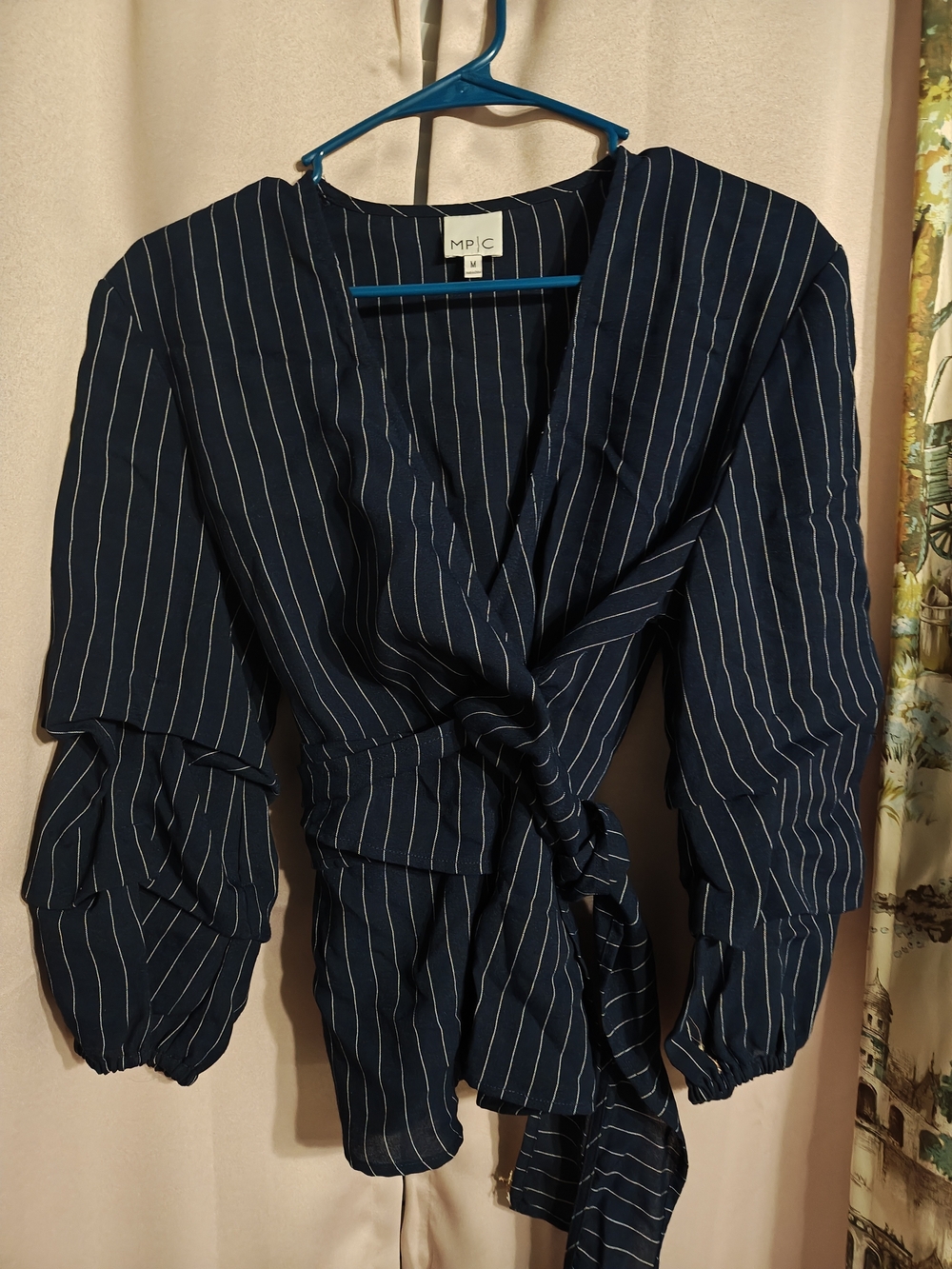 MPIC Navy Pinstripe Wrap Blouse